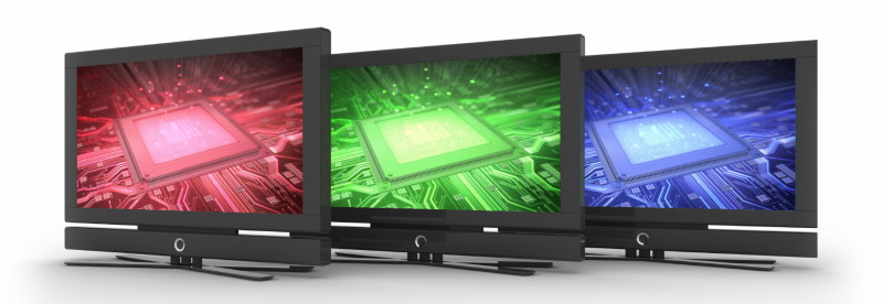 Three LCD screens, red, green and blue each showing a silicon chip